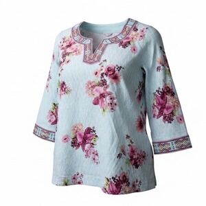 John Mark Womens Size Large Blue Floral Beaded  V-Neck Linen Blend Tunic NWT